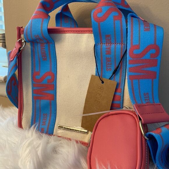 NWT NWT Steve Madden Crossbody/Canavs/Tote
w/AirPod Case - Blue & Pink - Picture 3 of 9
